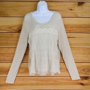 Eyeshadow Blouse Shirt Womens L Ivory Floral Lace Accent Semi-Sheer Long Sleeves